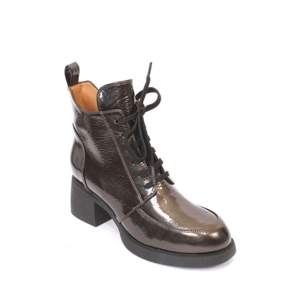 MOT-CLe 2207 Brown Patent Leather Zip Lace-Up Ankle Heel Boots